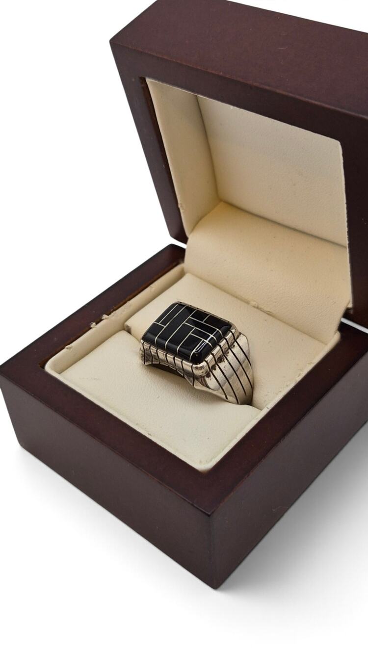 Vintage Sterling Silver Black Onyx Modernist Statement Ring Size 10